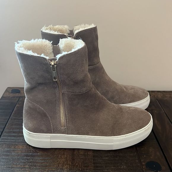 J Slides Womens Tristan Tan Leather Platform Sneaker Booties Faux Fur Size 8.5 - Picture 2 of 11